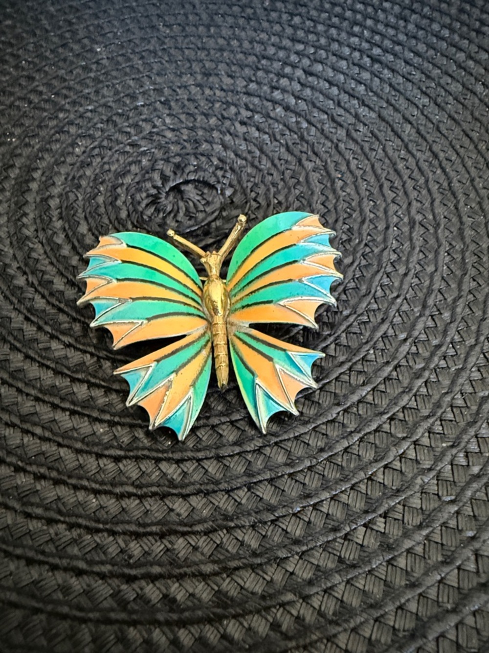Enamel Butterfly Brooch in Teal & Orange